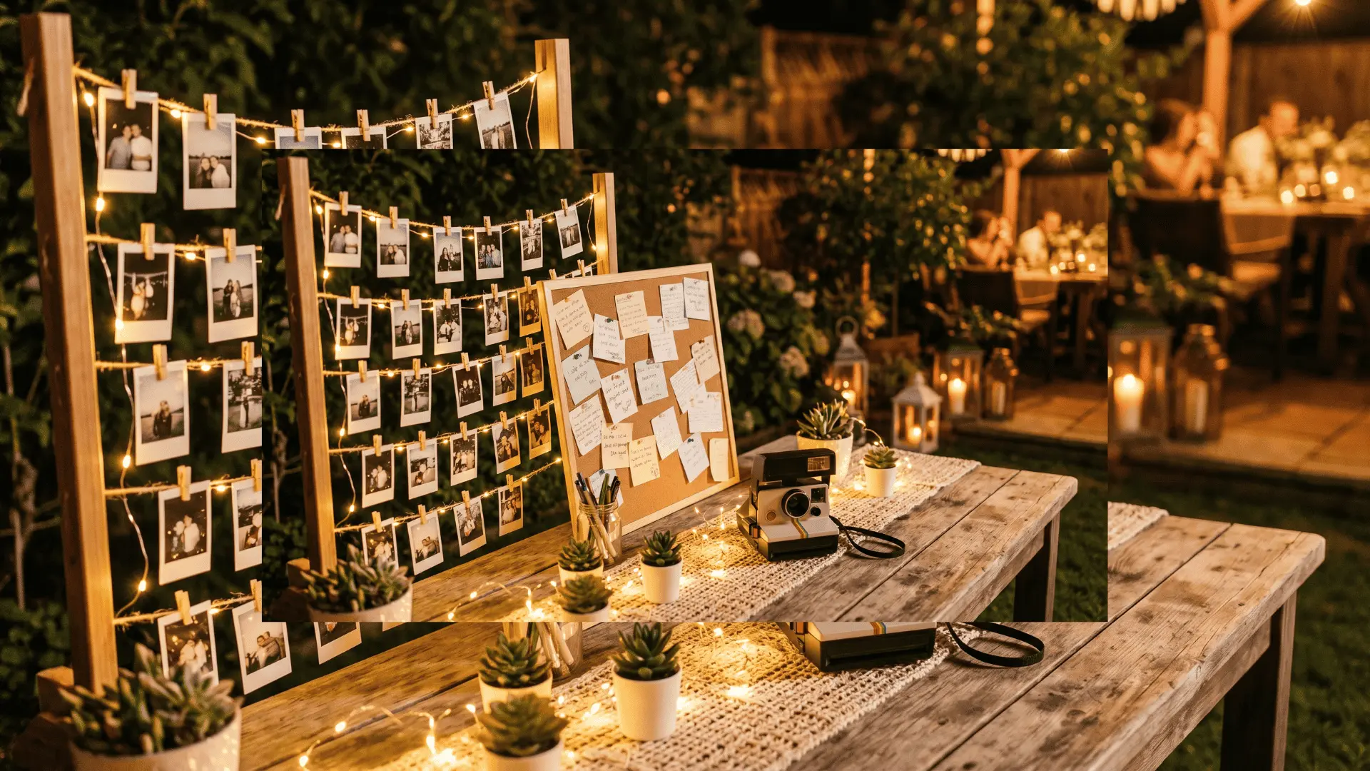 Instant camera on table beside a memory wall with clipped photos and a guest message board.