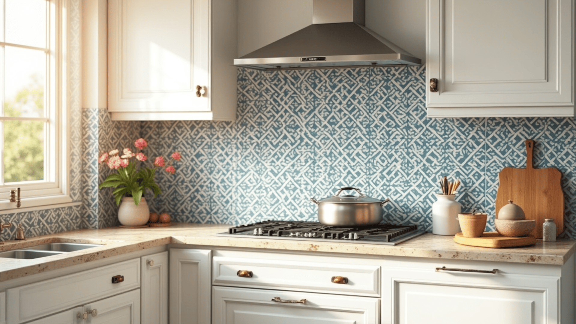 intricate Moroccan star and cross patterned tile backsplash in blue and white behind white cabinets and cream granite