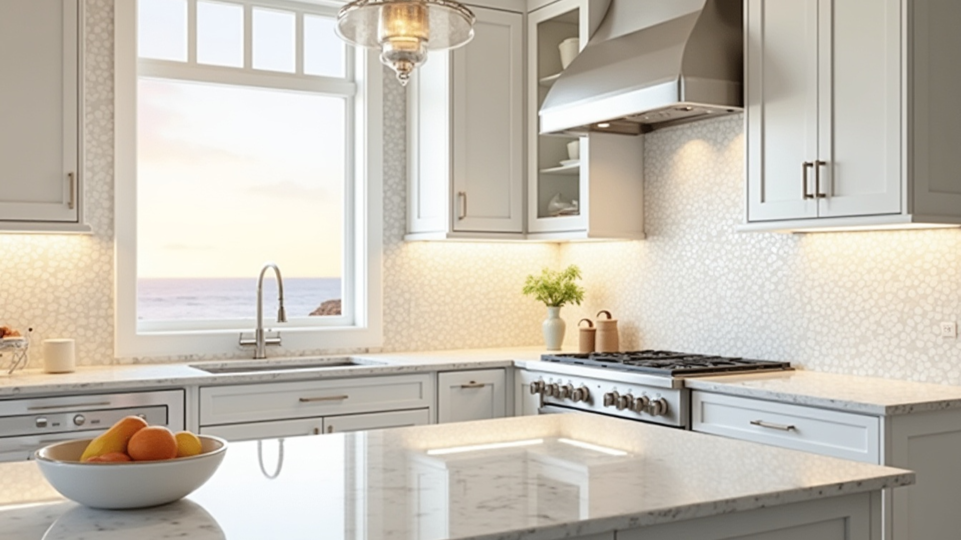 iridescent mother of pearl tile backsplash with opalescent shimmer in a coastal kitchen with white cabinets