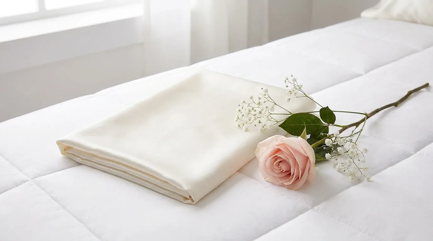 Ivory silk pillowcase neatly folded on a white bed with soft natural lighting.