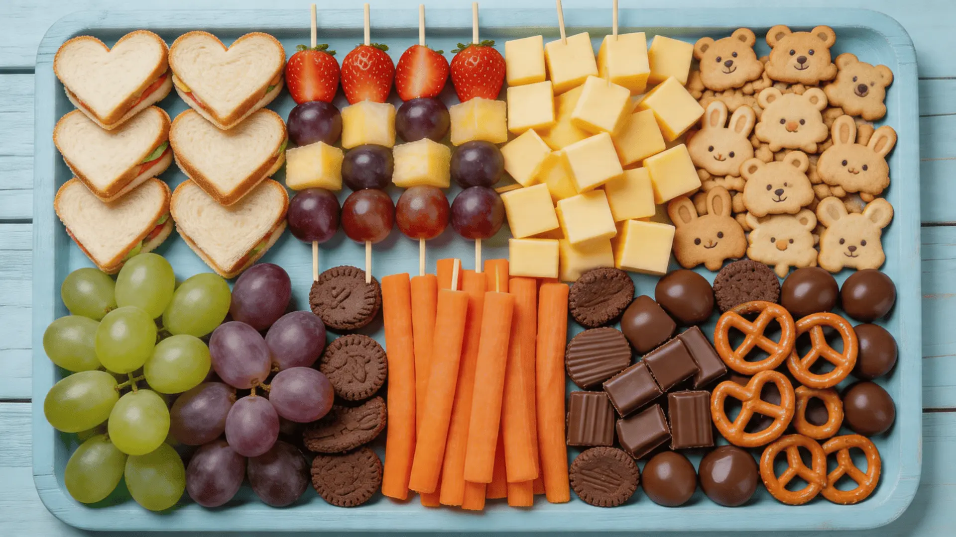 Kid-friendly snack charcuterie board with mini sandwiches, fruit skewers, cheese cubes, crackers, and colorful treats arranged in a fun and playful spread.