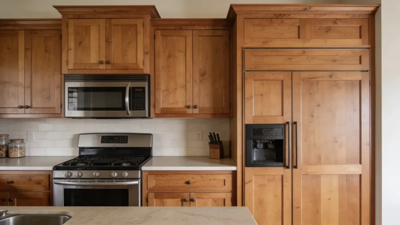 Kitchen appliances integrated into cabinets with matching panels
