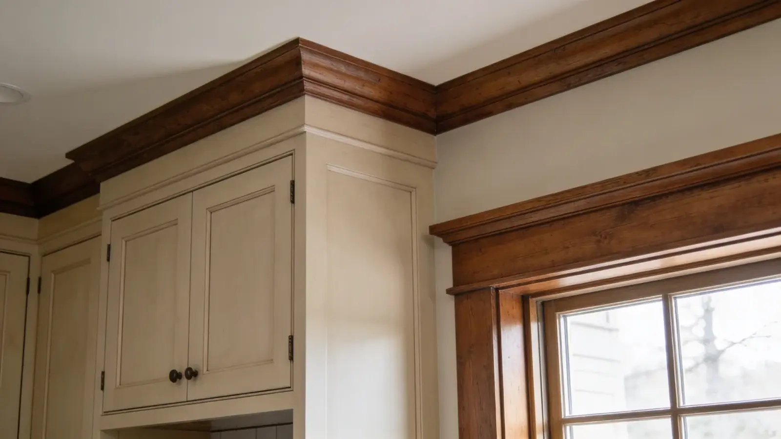 Kitchen cabinets with thick wood trim and defined edges