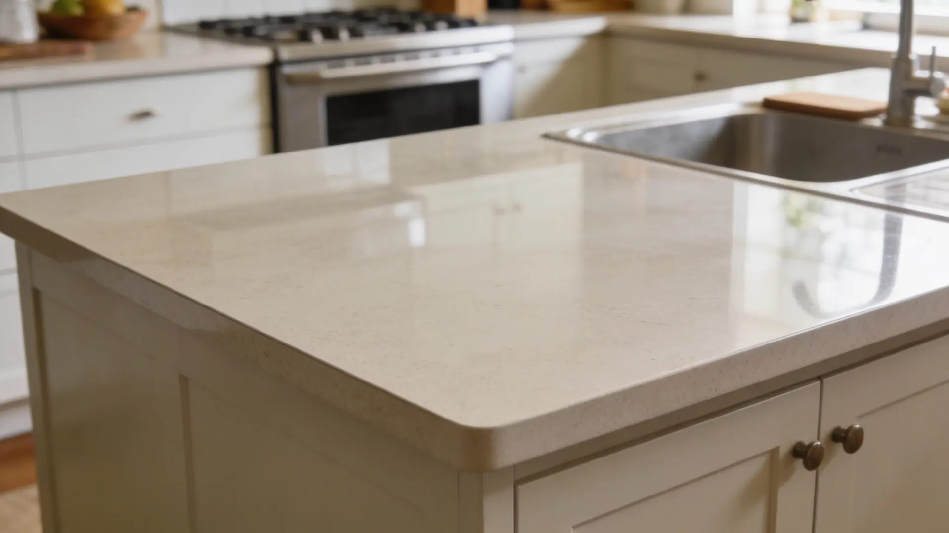 Kitchen counter at standard height used for everyday food preparation