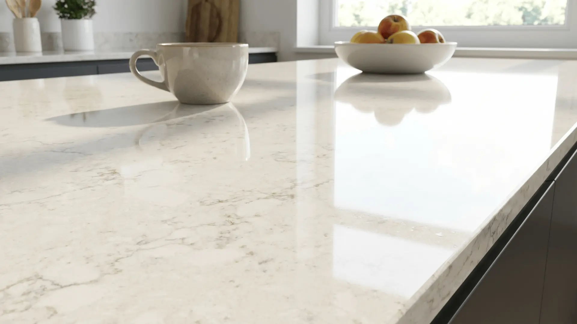 Kitchen countertop surface showing smooth polished finish with subtle texture and natural stone detailing