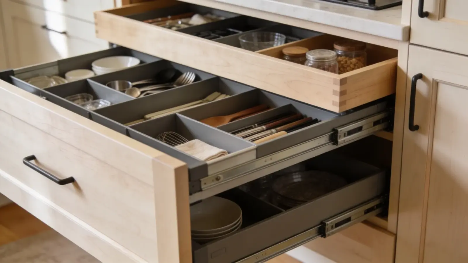 Kitchen drawer with organized compartments and storage sections