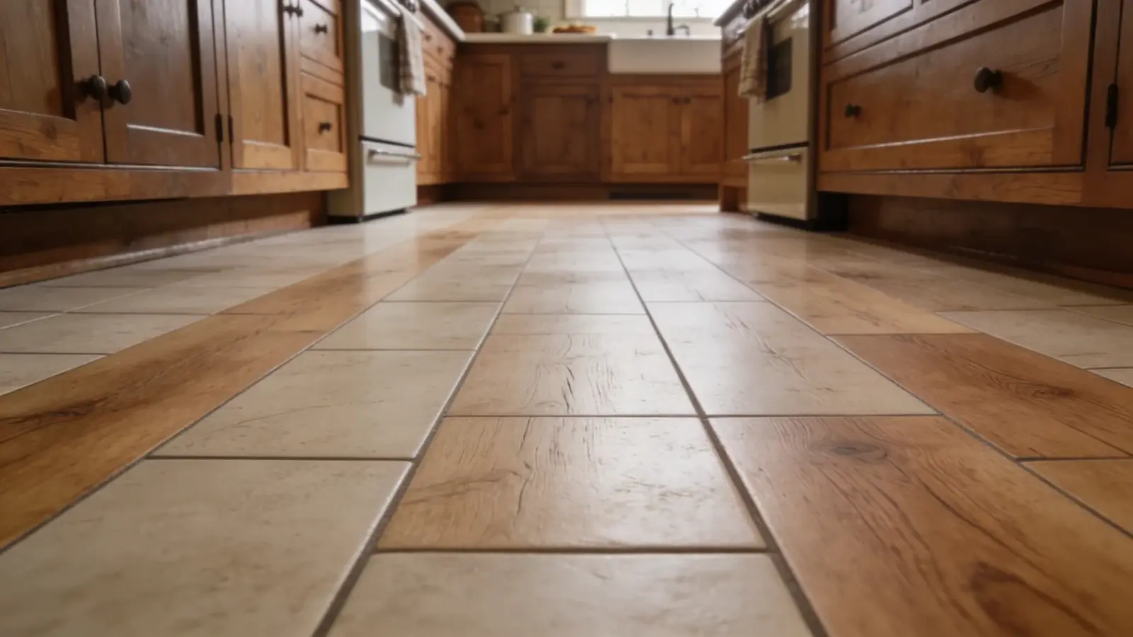Kitchen floor with wood planks or simple tile pattern
