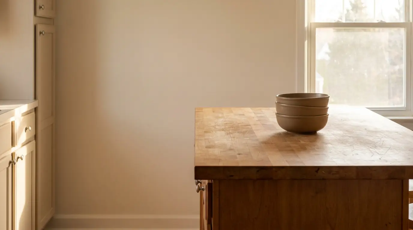 Stacked ceramic bowls on wooden kitchen island under natural daylight near window