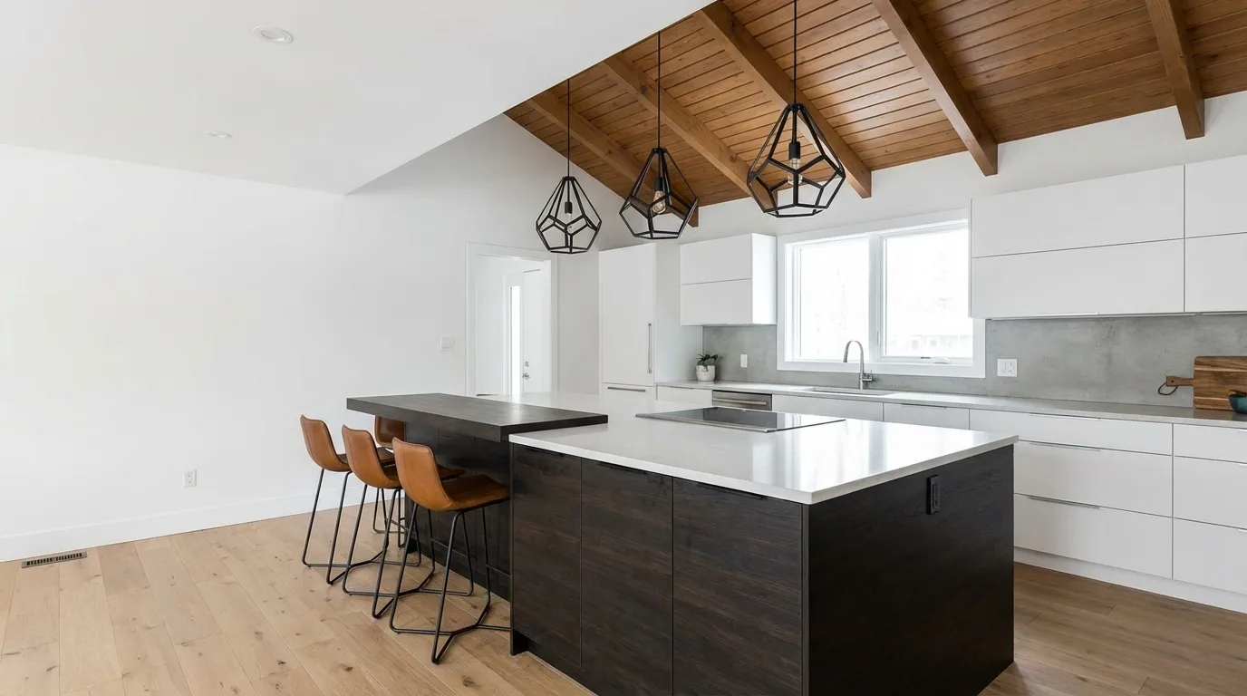 Kitchen island under half vaulted ceiling with seating on low side and prep on high side