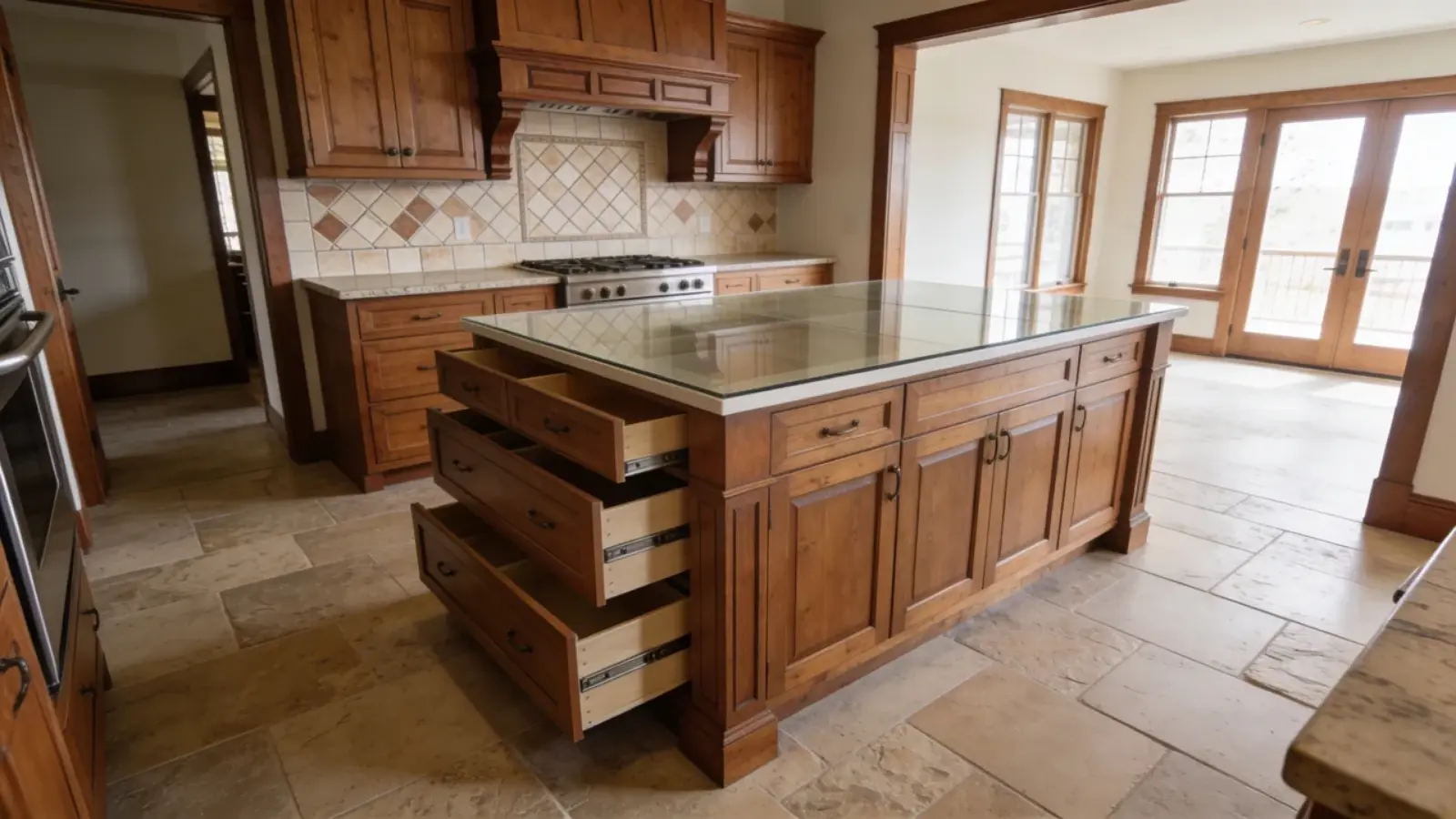 Kitchen island used as central workspace with storage and open access
