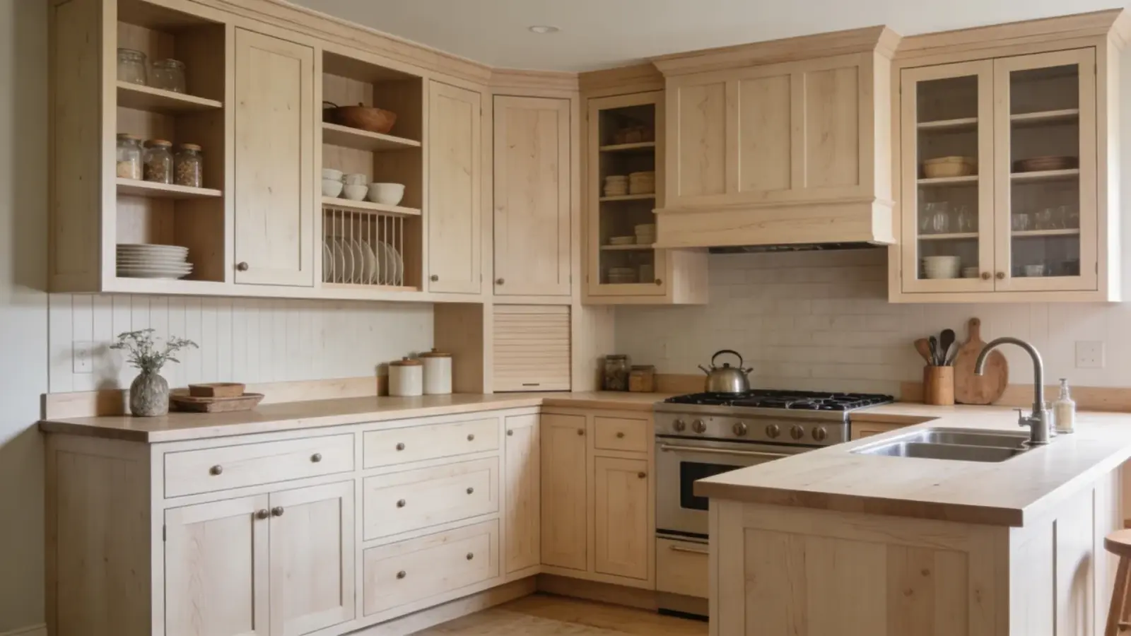 Kitchen with built-in cabinets and shelves integrated into structure