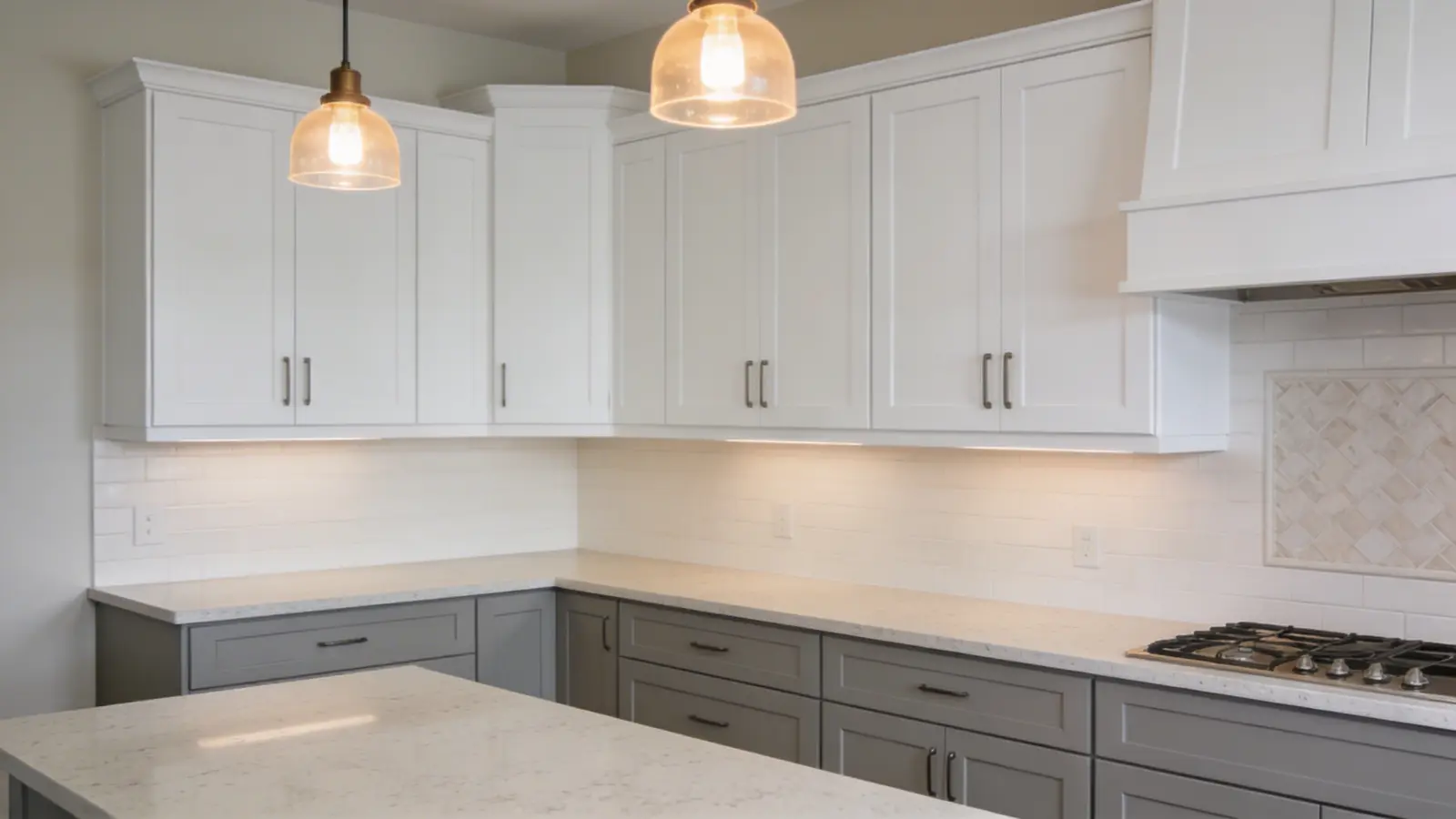 Kitchen with Mega Greige lower cabinets, white uppers, and light countertop under warm lighting