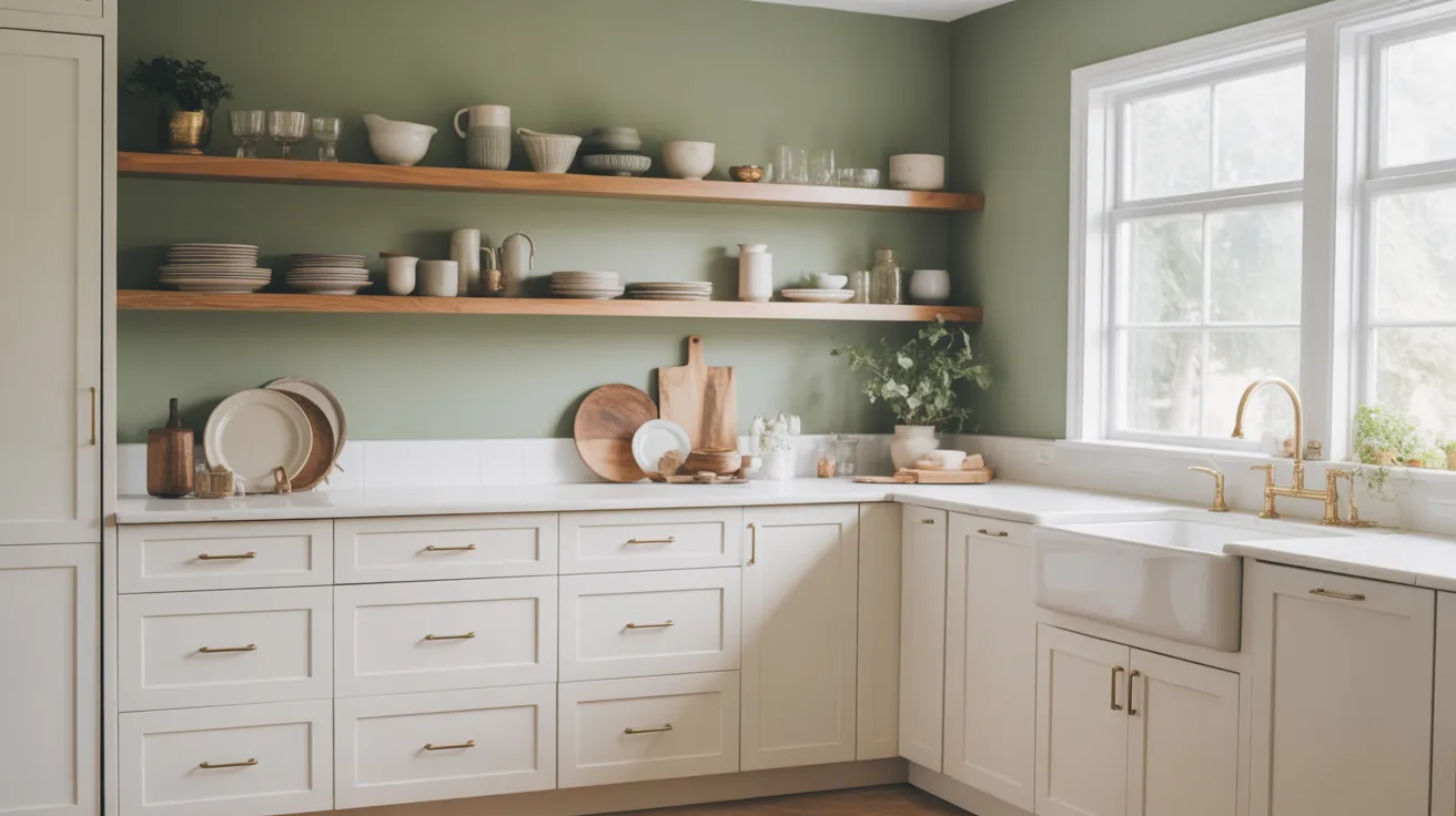 Kitchen with October Mist sage green walls, white cabinets, and warm wood shelving.