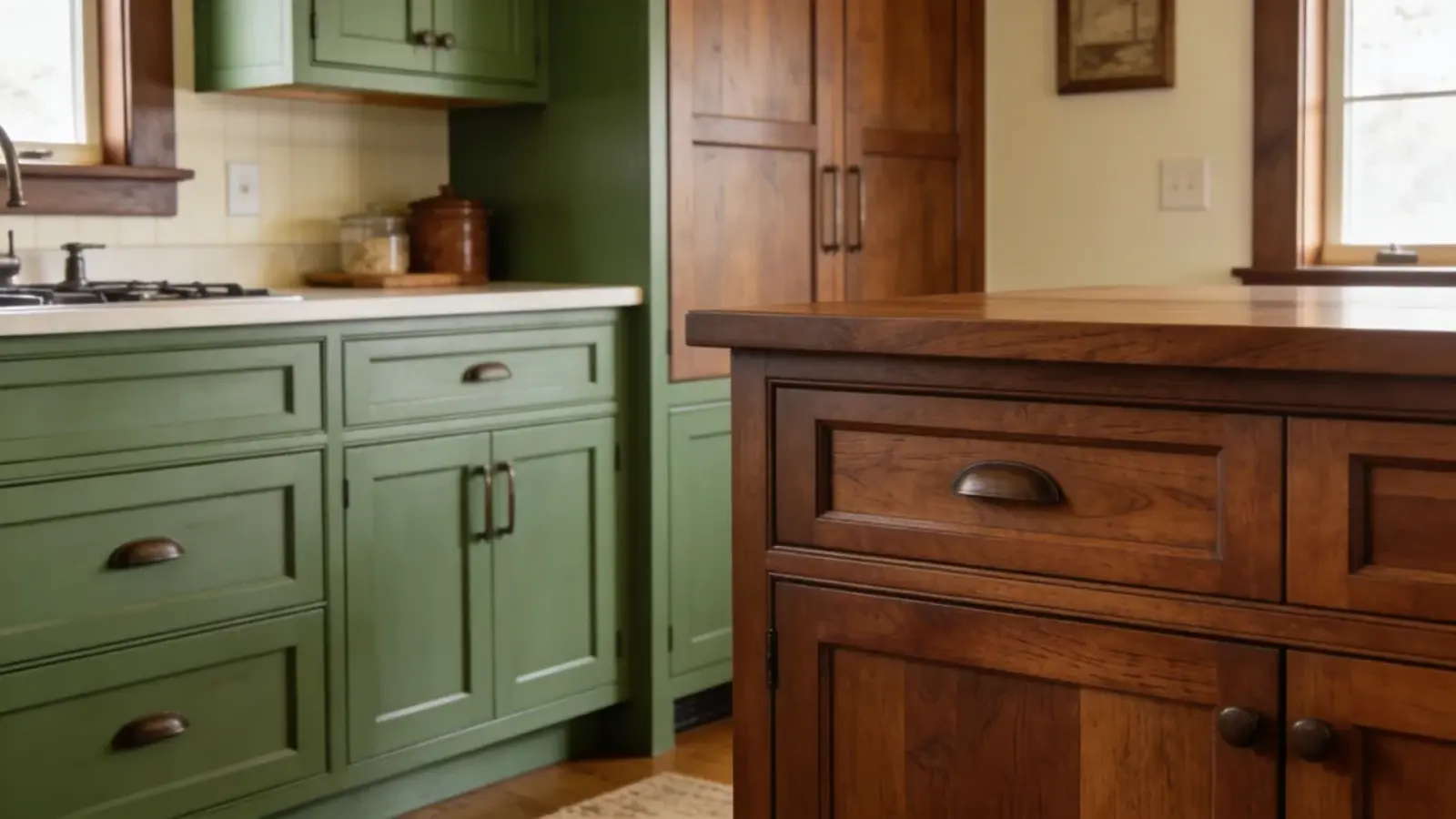 Kitchen with wood cabinets and walls in green, brown, and cream tones