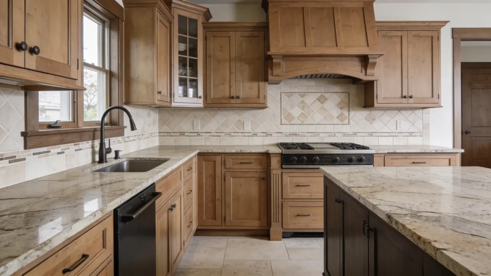 Kitchen with wood cabinets, stone countertop, and tile backsplash used evenly