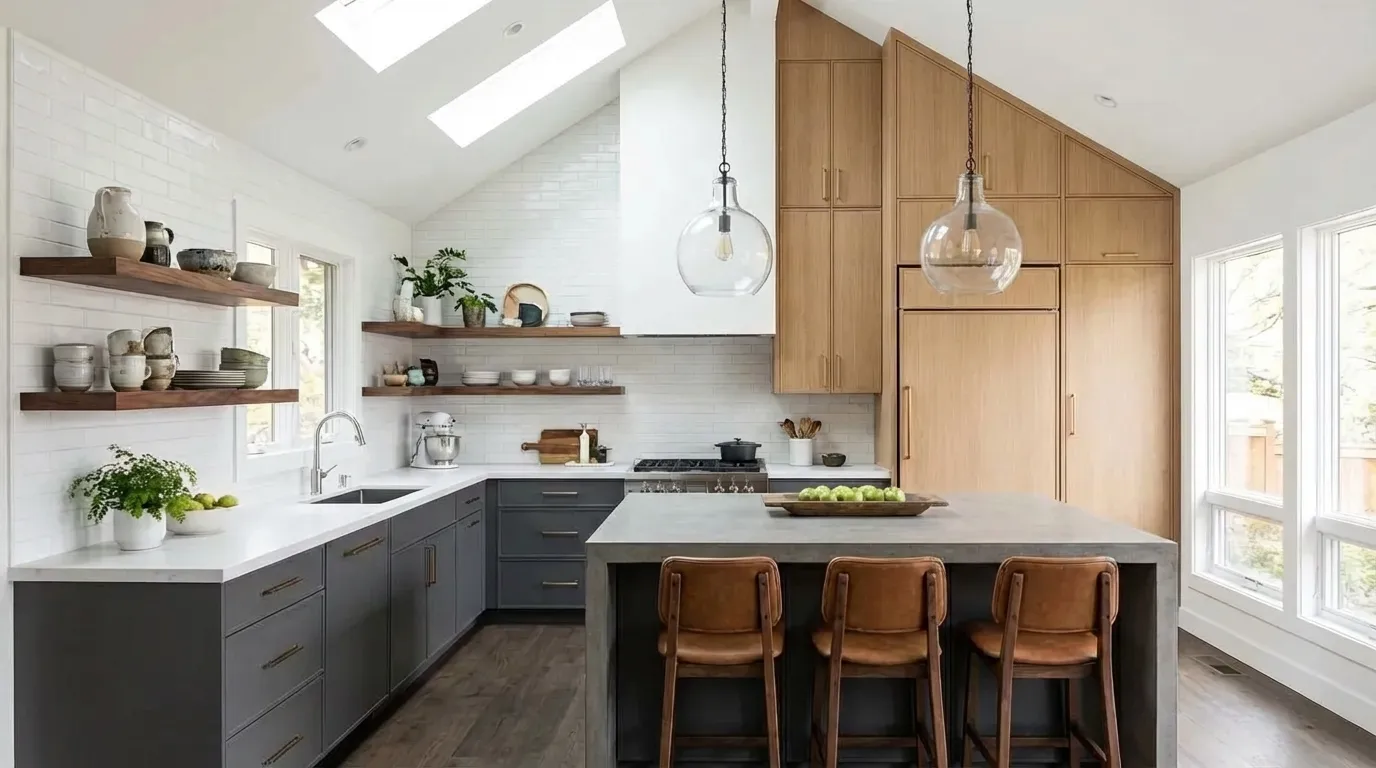 L-shaped kitchen with half vaulted ceiling and tall cabinets on the high wall