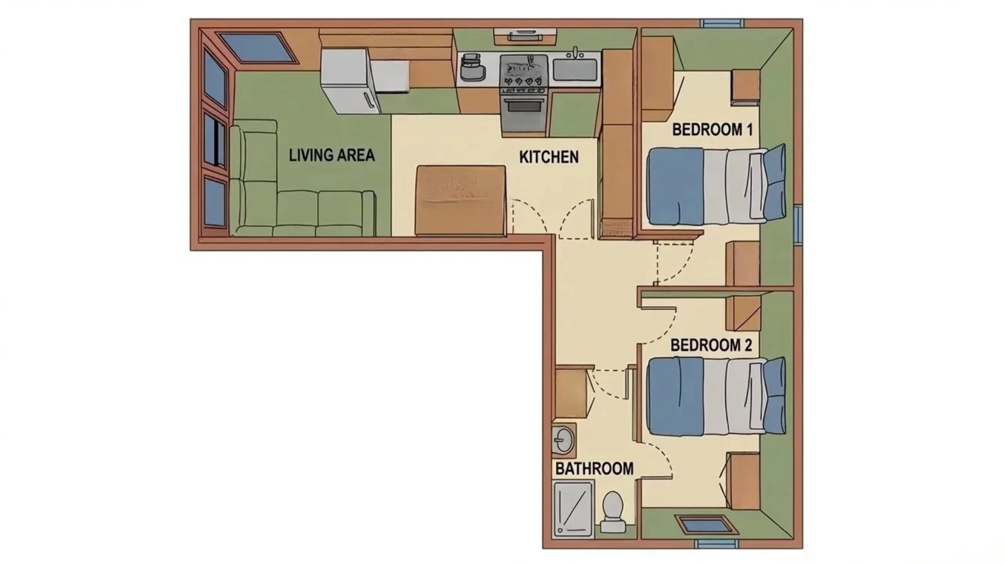 L-shaped tiny house floor plan with two bedrooms and open living area