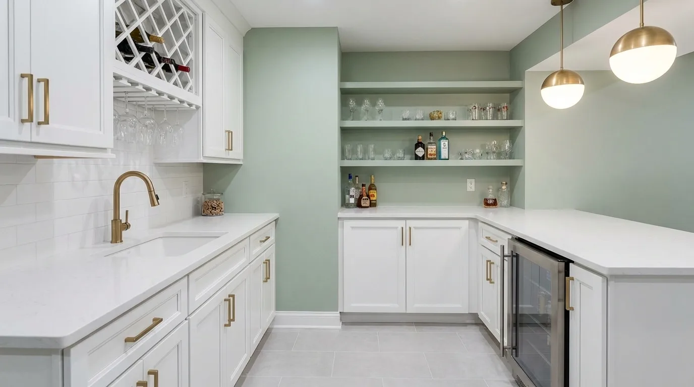 L-shaped wet bar with white cabinets, quartz countertop, and built-in wine rack