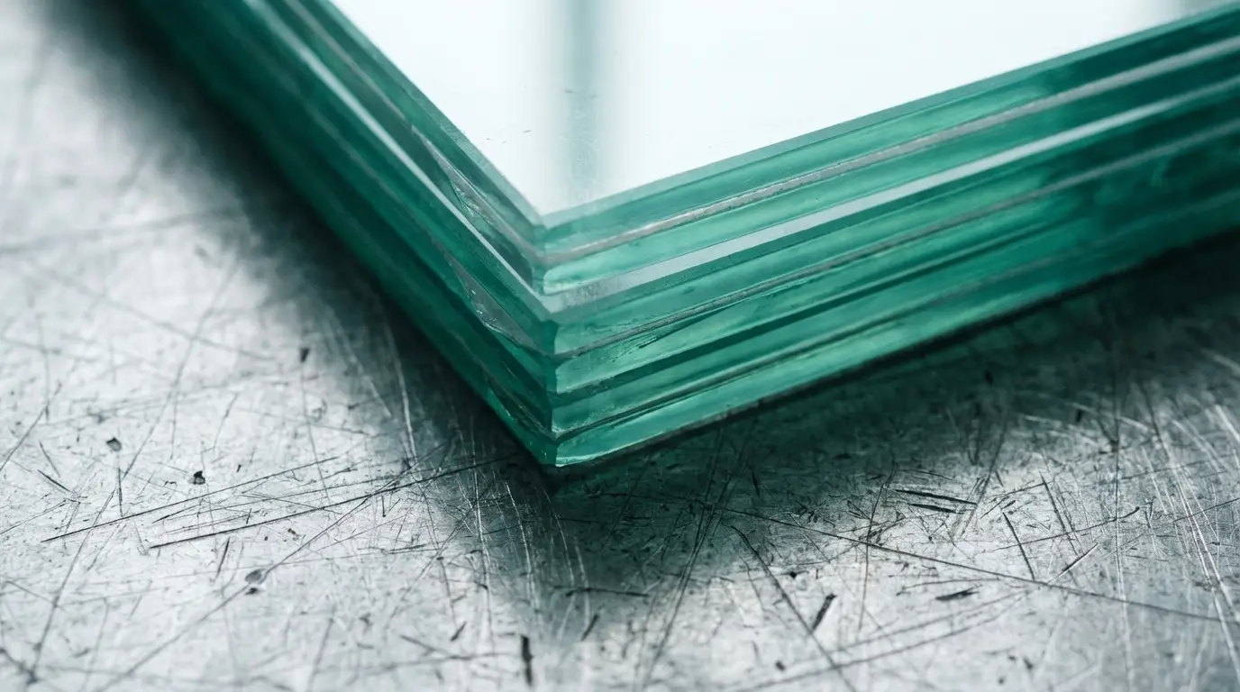 Stack of glass sheets with green tint on scratched metal surface