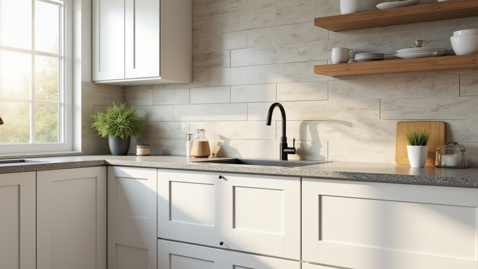 large format stone-look porcelain tile backsplash in cream and grey beside white flat-panel cabinets and grey granite