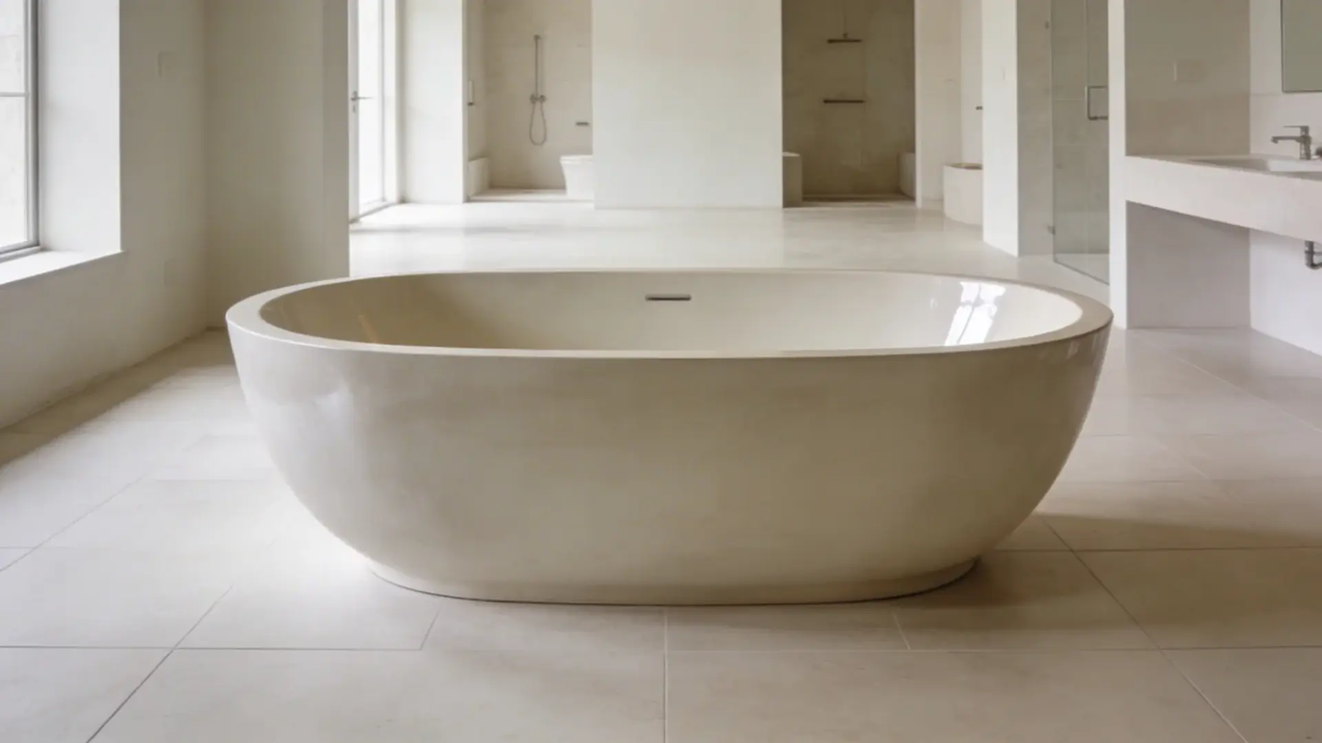 Large oval garden tub placed in a spacious bathroom with open layout