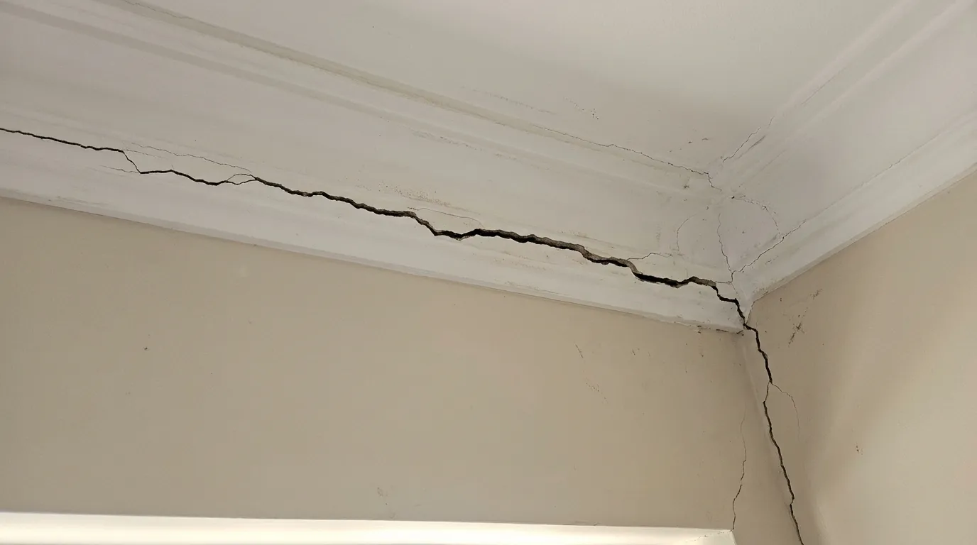 Large settling cracks running along the ceiling and corner wall junction of a residential home interior.