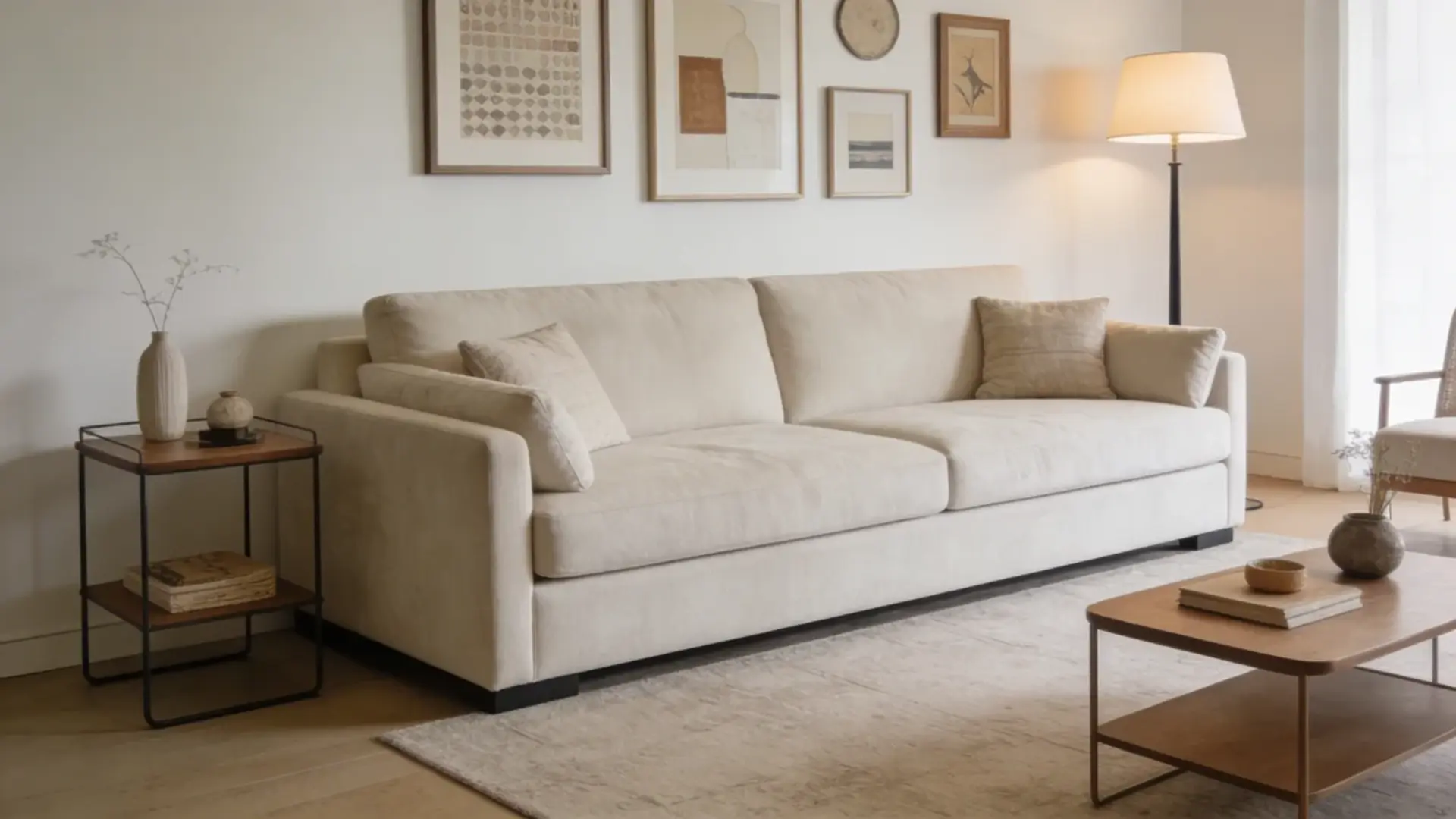 Large sofa with smaller decor items showing scale and proportion in a room