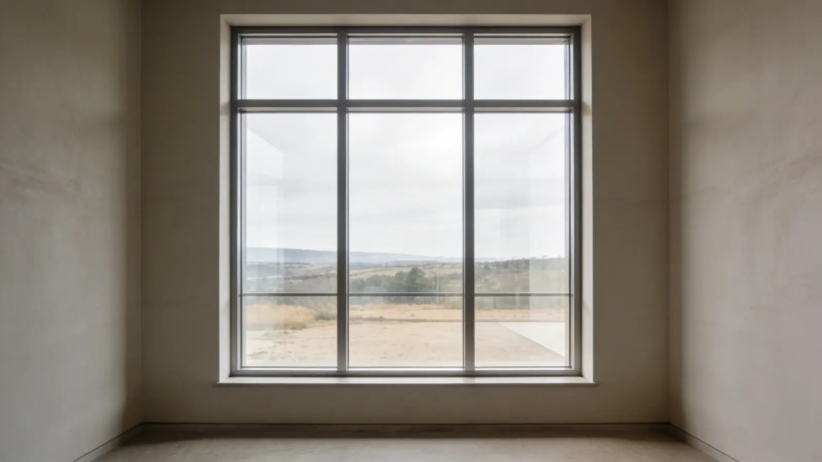Large window with clear glass and visible frame in a minimal setting
