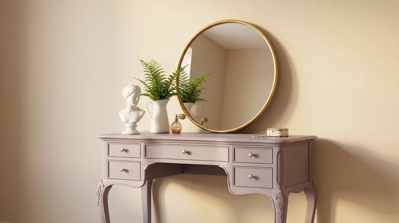 Lavender painted vintage vanity with gold mirror, ceramic bust, and green plant styling.