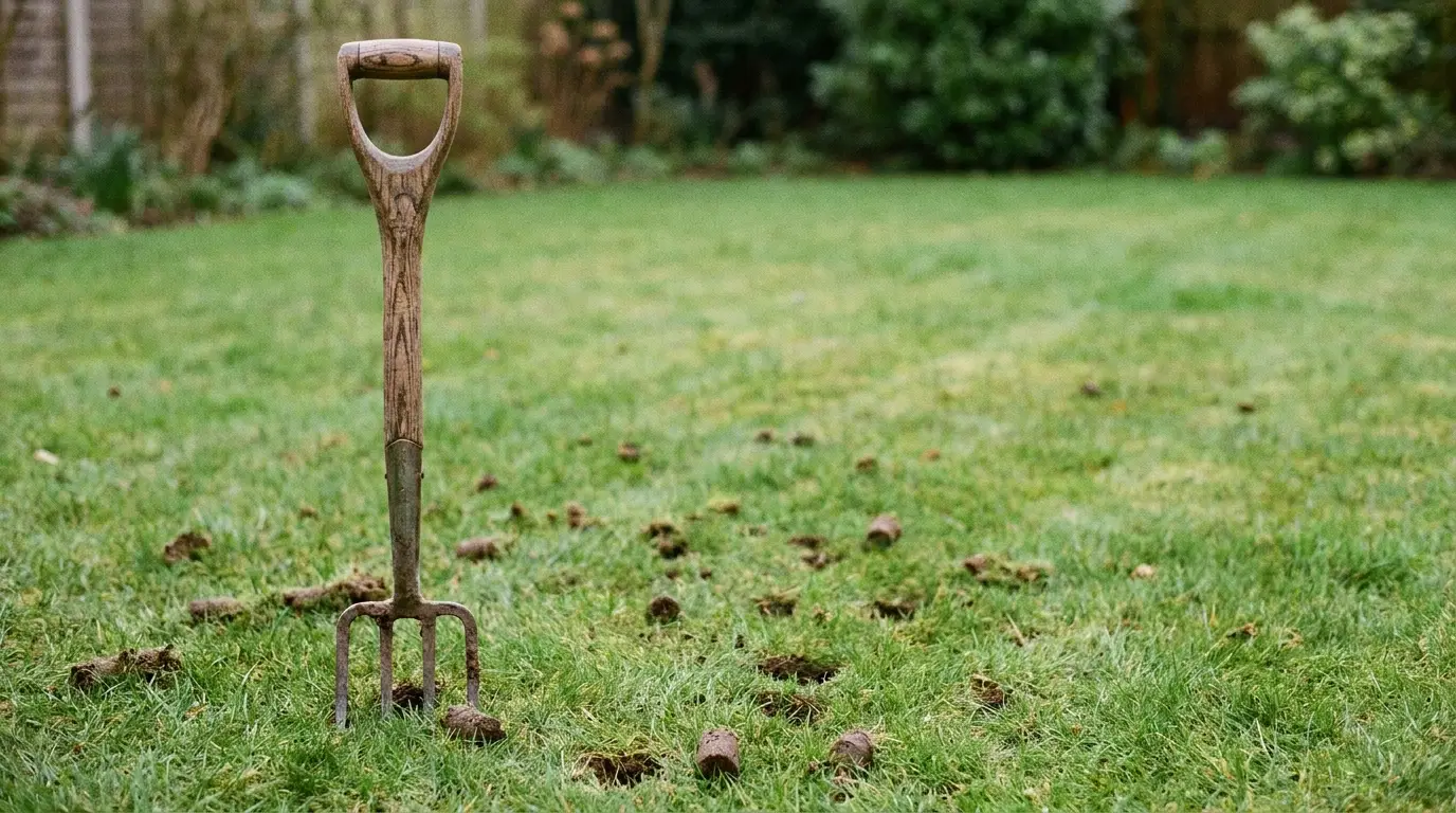 Garden fork standing upright on grassy lawn with scattered soil clumps