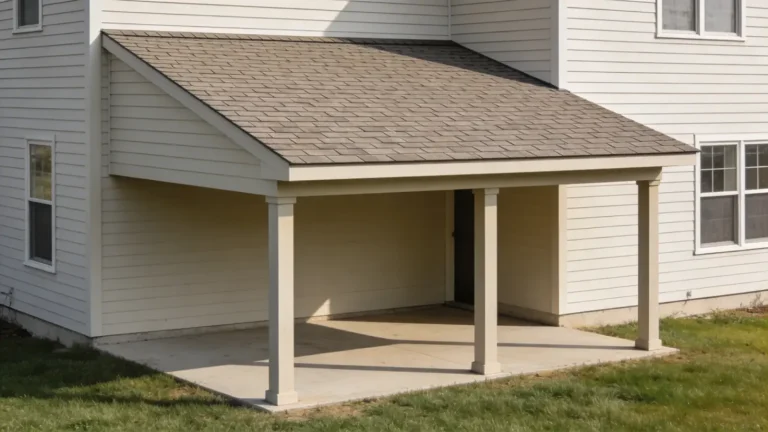Lean-to roof attached to a house with a single slope covering an outdoor space