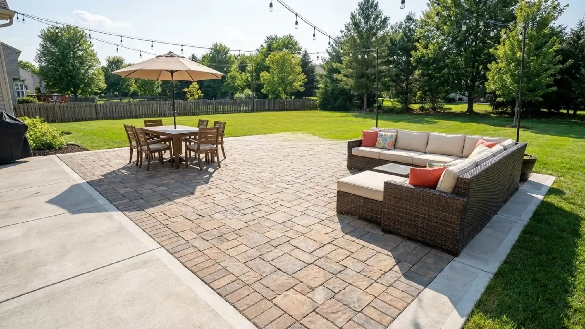 Leveled stone paver patio with outdoor furniture in a backyard