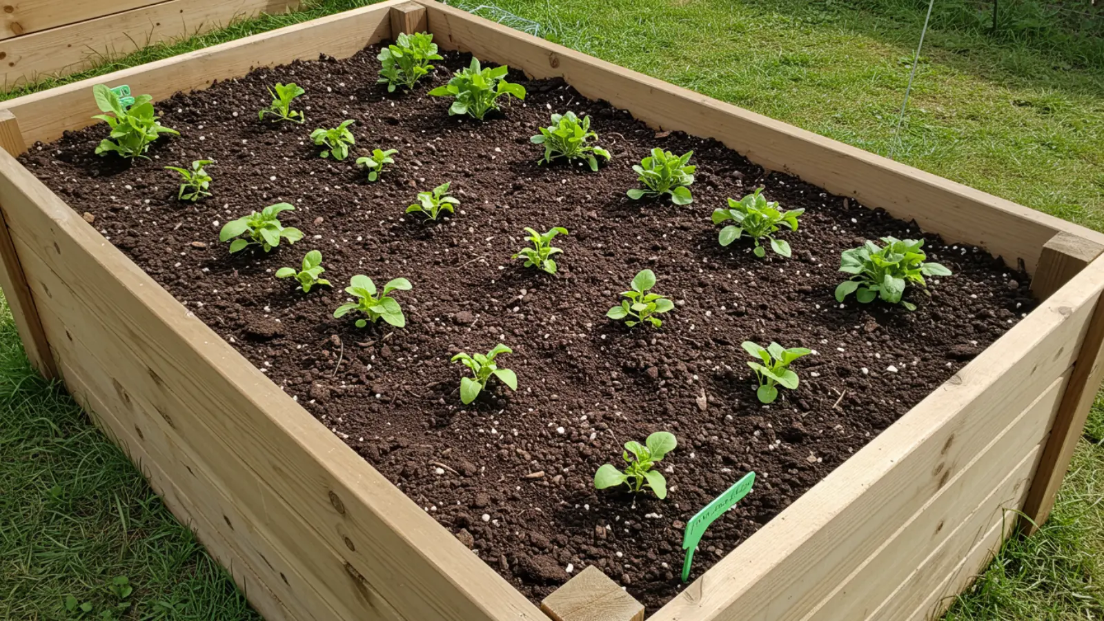 Leveled topsoil compost and perlite mix filling the top layer of a wooden raised garden bed