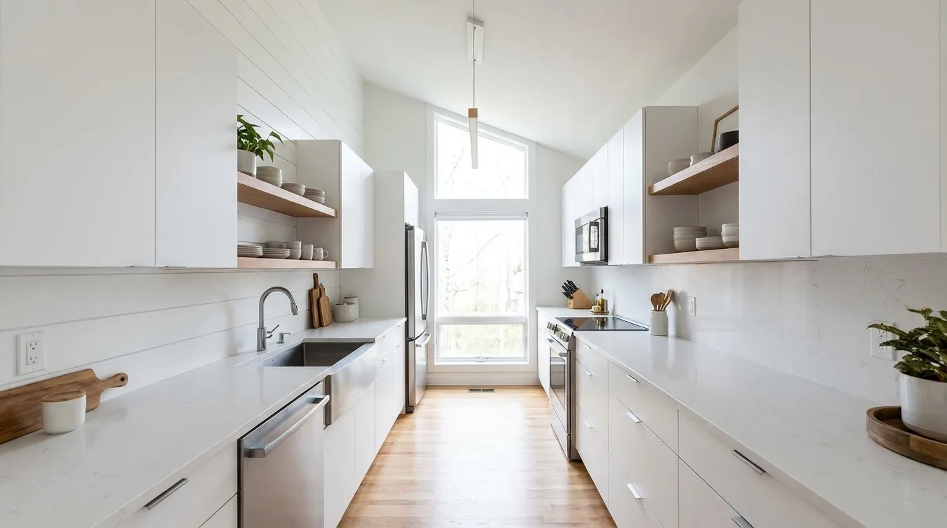 Linear kitchen with half vaulted ceiling and all storage along the high wall