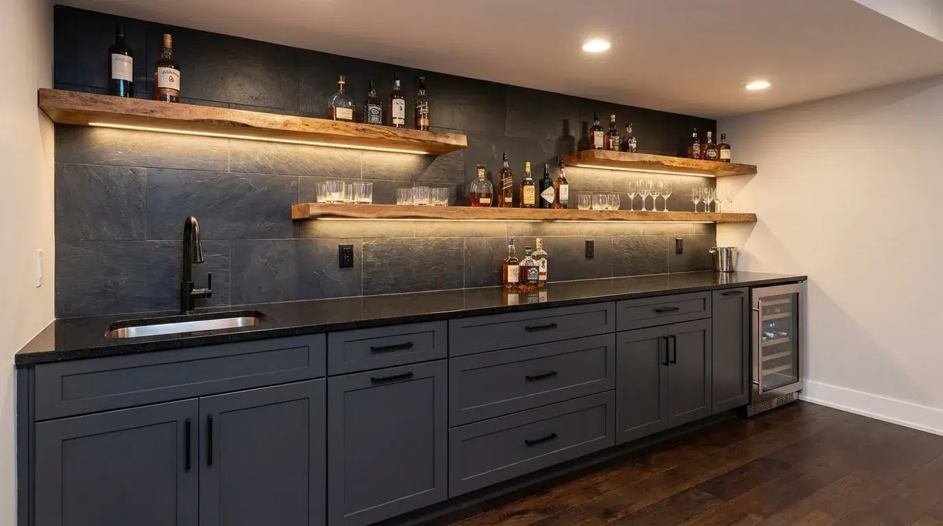 Linear wet bar with charcoal cabinets, black granite counter, and open wood shelving