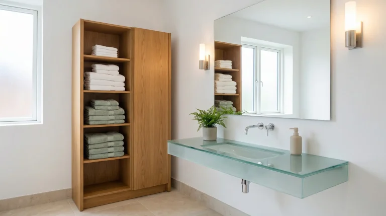Modern bathroom with glass sink, wooden shelves holding folded towels, and a potted plant