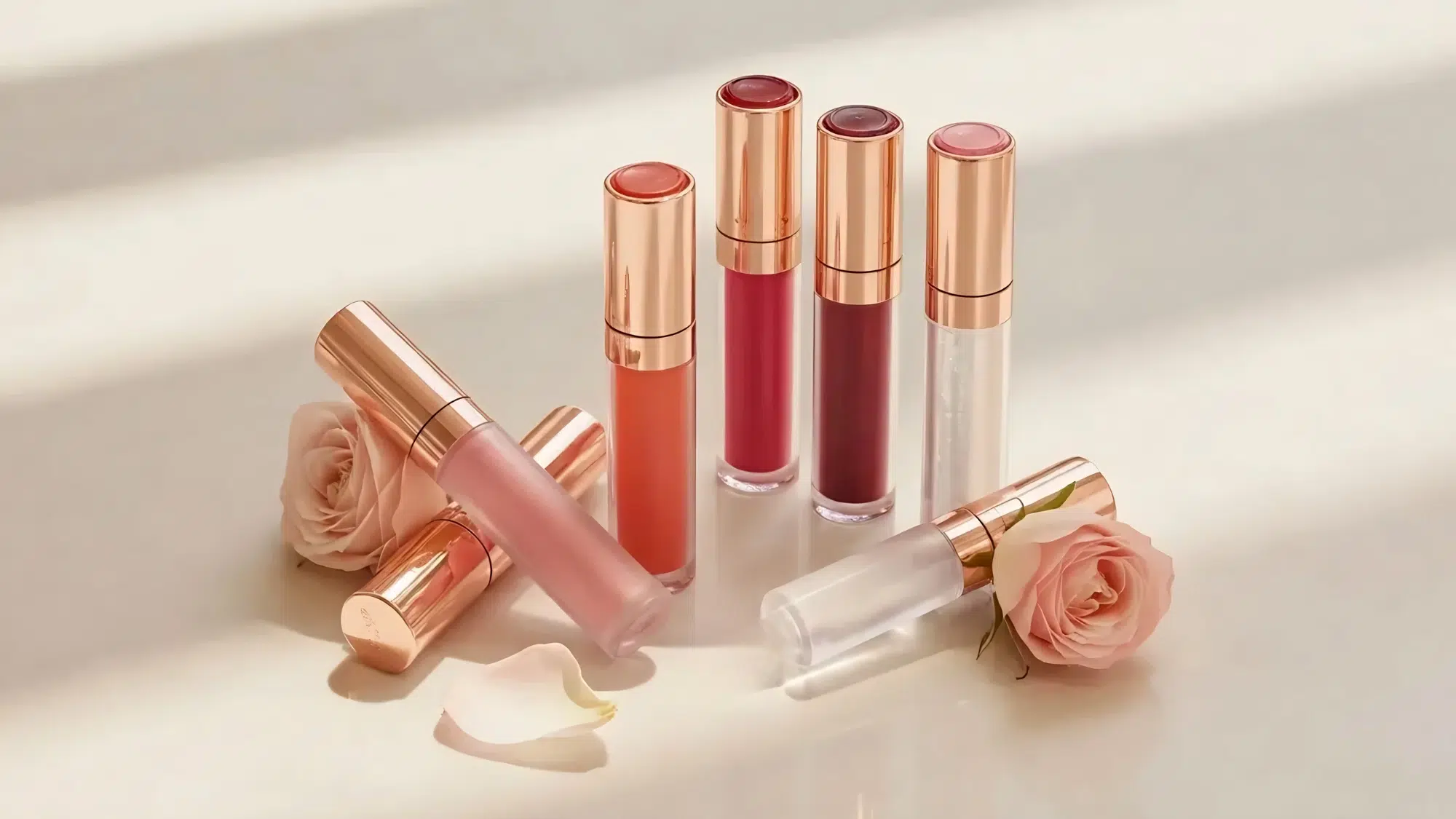 Lip balm and lip mask set arranged neatly on a marble surface in pastel tones