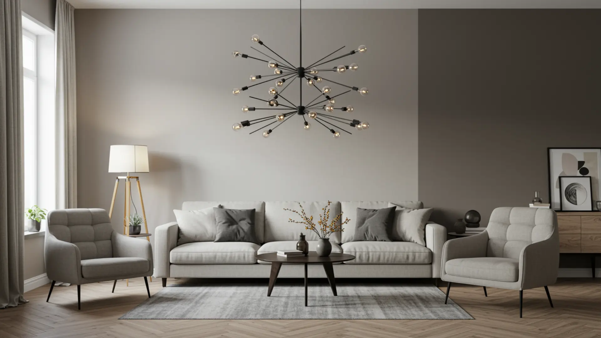 Living room with a contrasting accent wall behind a sofa and minimal decor