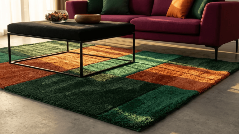 Living room with a red sofa, black coffee table, and a green and rust patchwork area rug in warm sunlight.