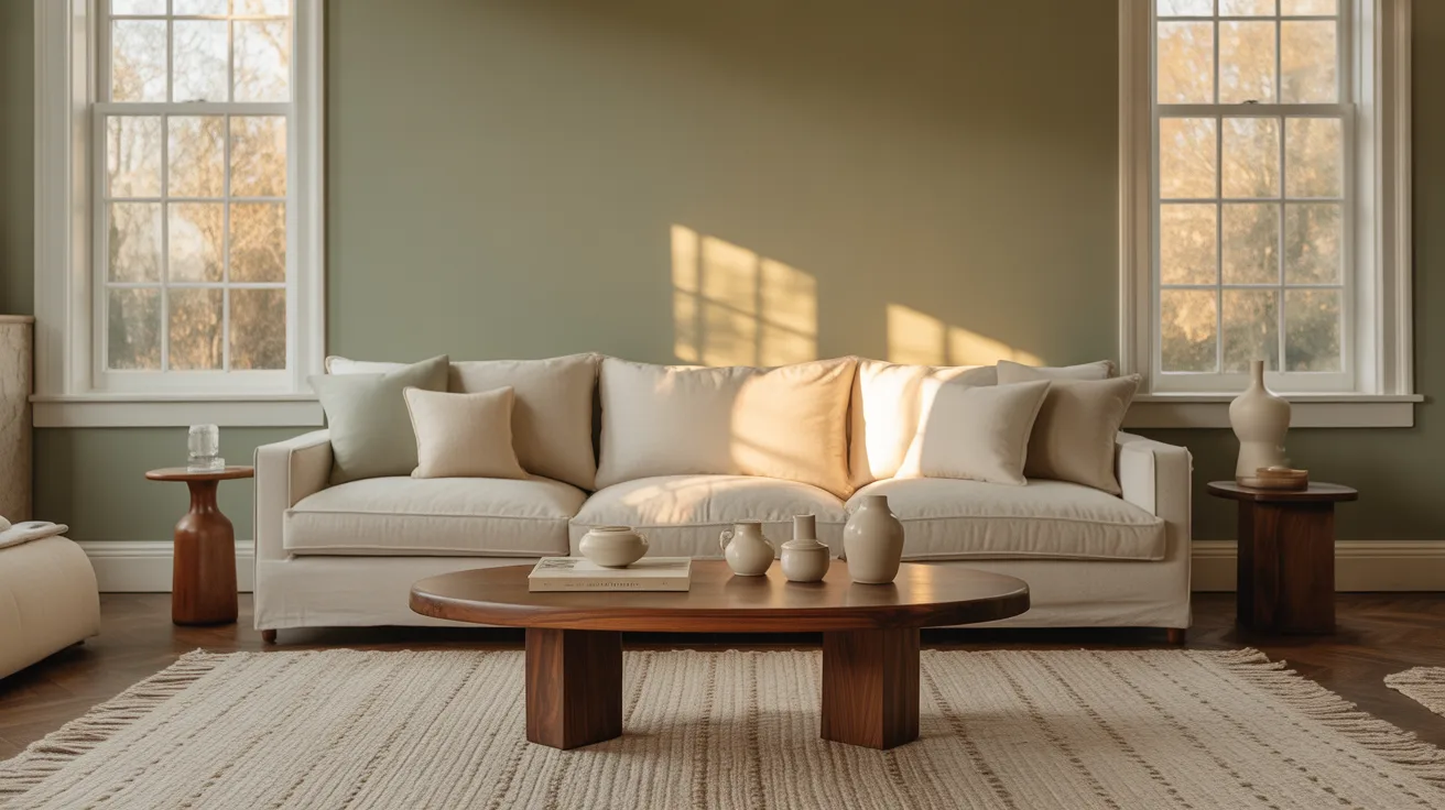 Living room with October Mist sage green walls, beige sofa, and natural wood accents.