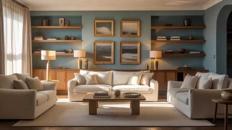 Living room with Sherwin-Williams Blustery Sky SW 9140 walls and warm brass accents.