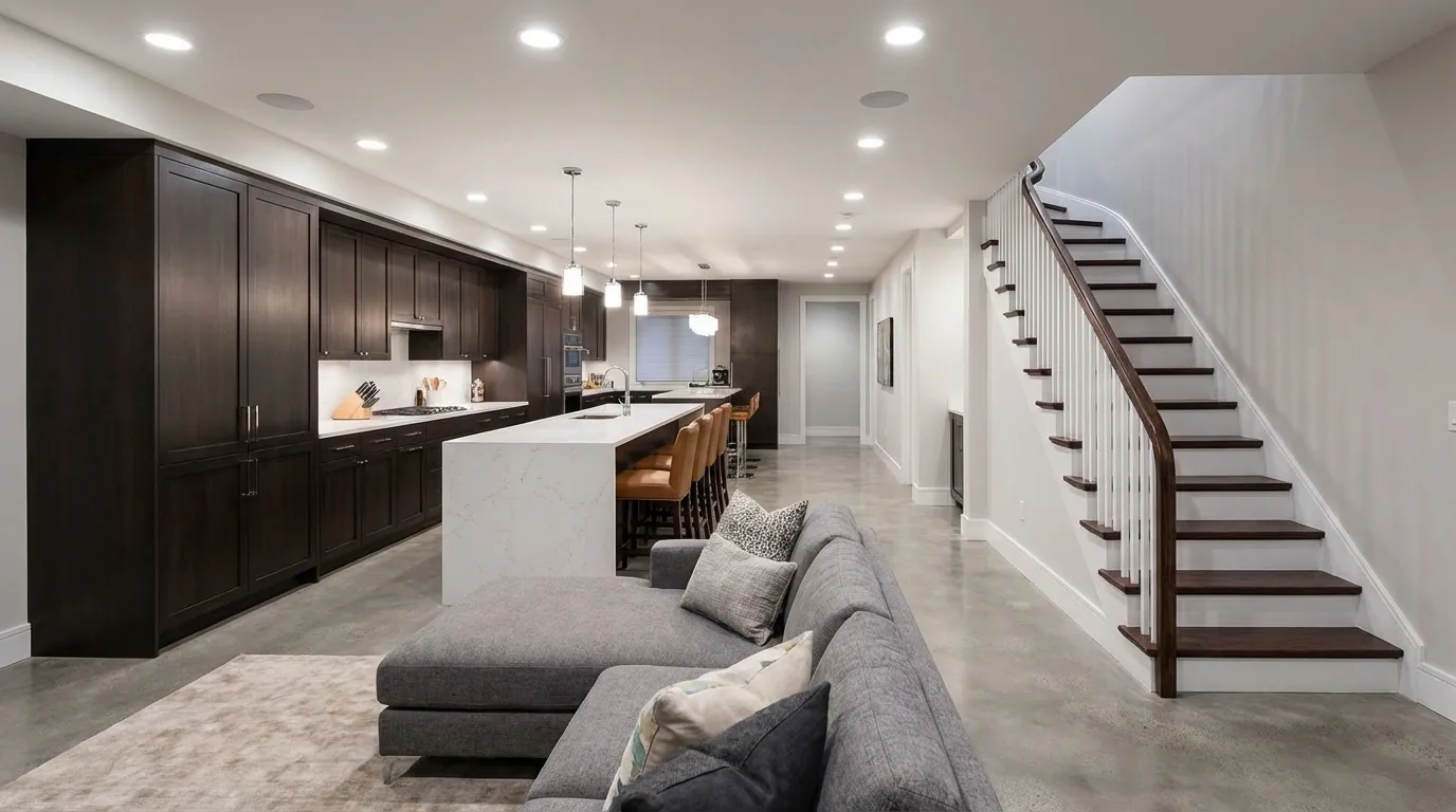 Long narrow basement layout with open kitchen, gray sofa, bar island, and curved staircase.