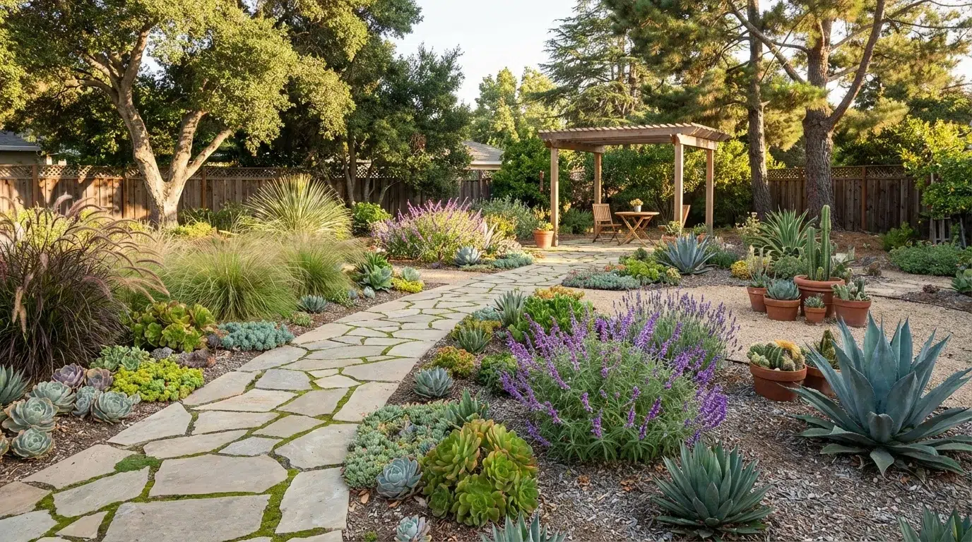 Low-maintenance backyard landscaping with curved flagstone walkway, succulents, and ornamental grasses