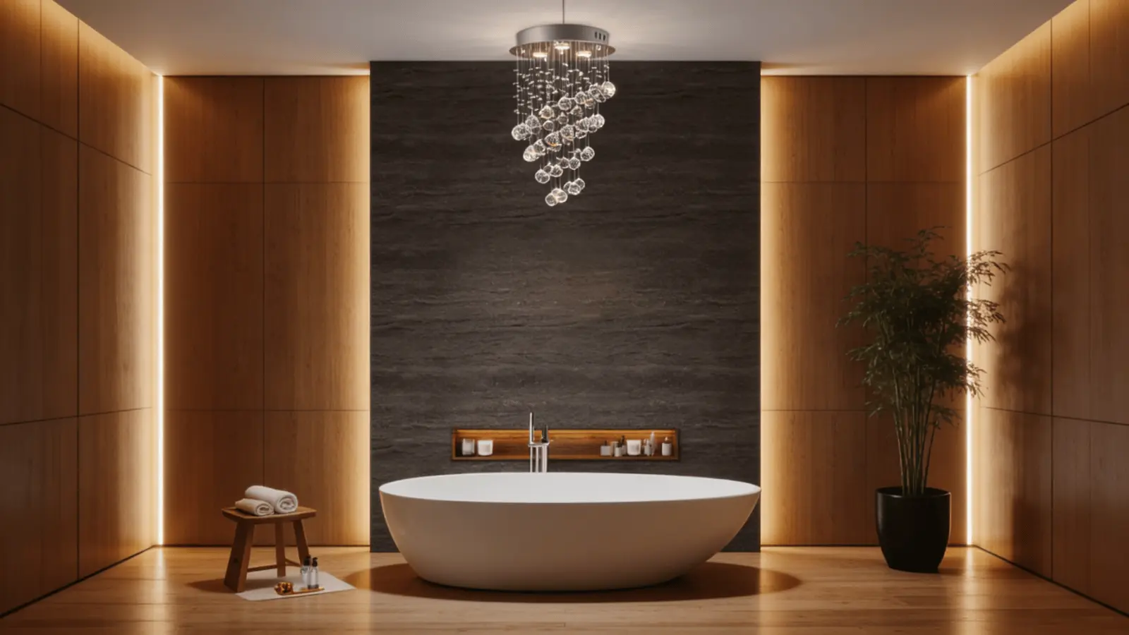 Luxury bathroom with freestanding tub, stone wall, and crystal chandelier