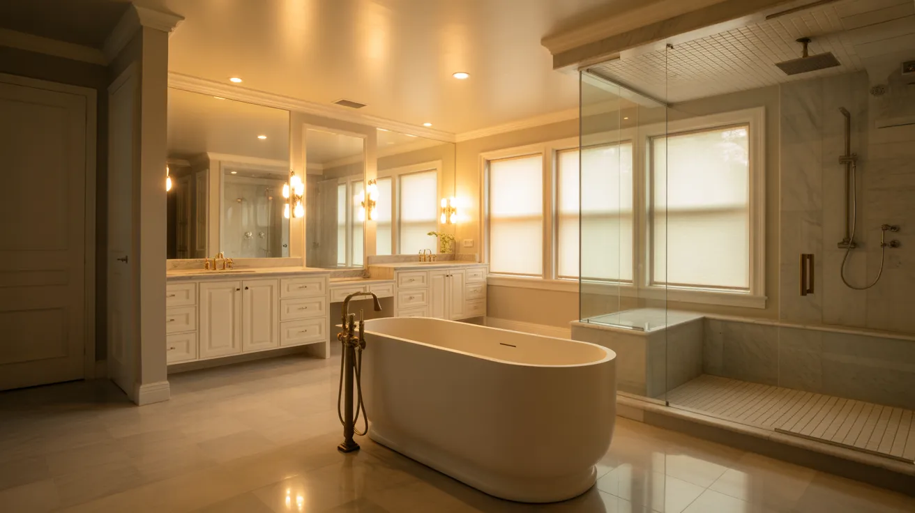 Luxury master bathroom with freestanding tub and glass shower enclosure