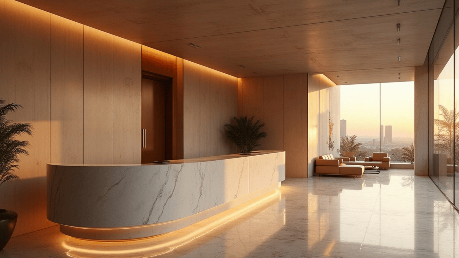 luxury office reception with curved marble desk, warm ambient lighting, city skyline view, and modern lounge seating area