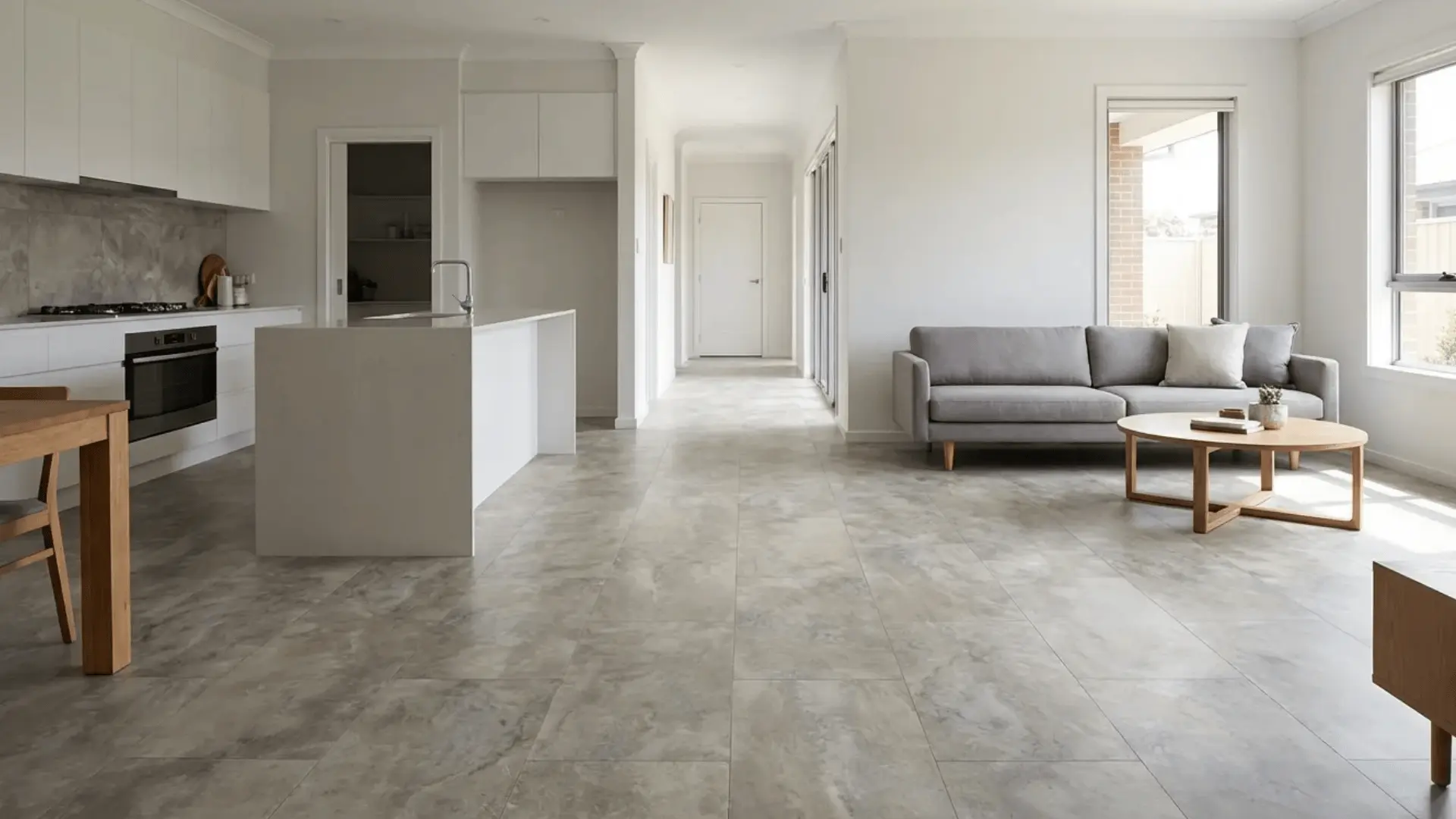 Luxury vinyl tile flooring installed across a kitchen, living room, and hallway floor.