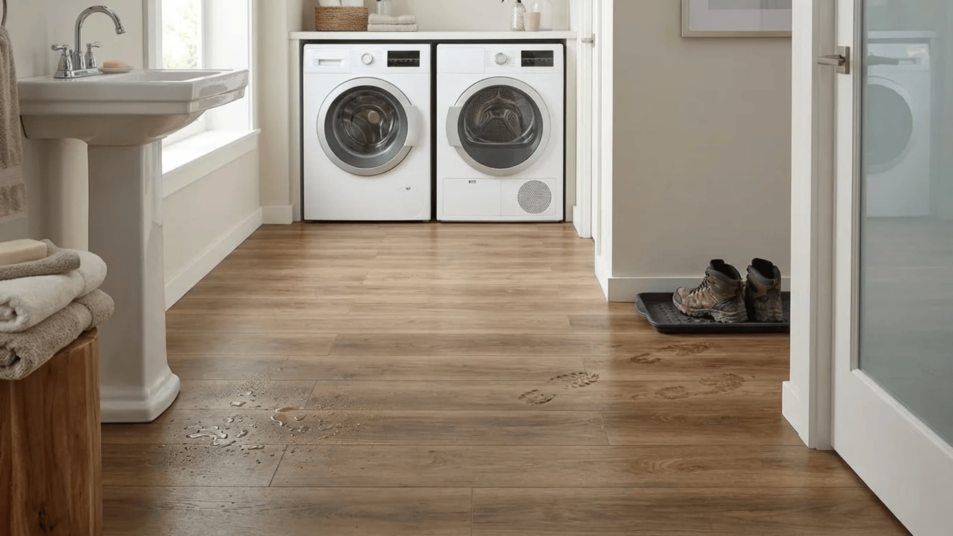 Luxury vinyl tile flooring installed in a bathroom and laundry room floor.