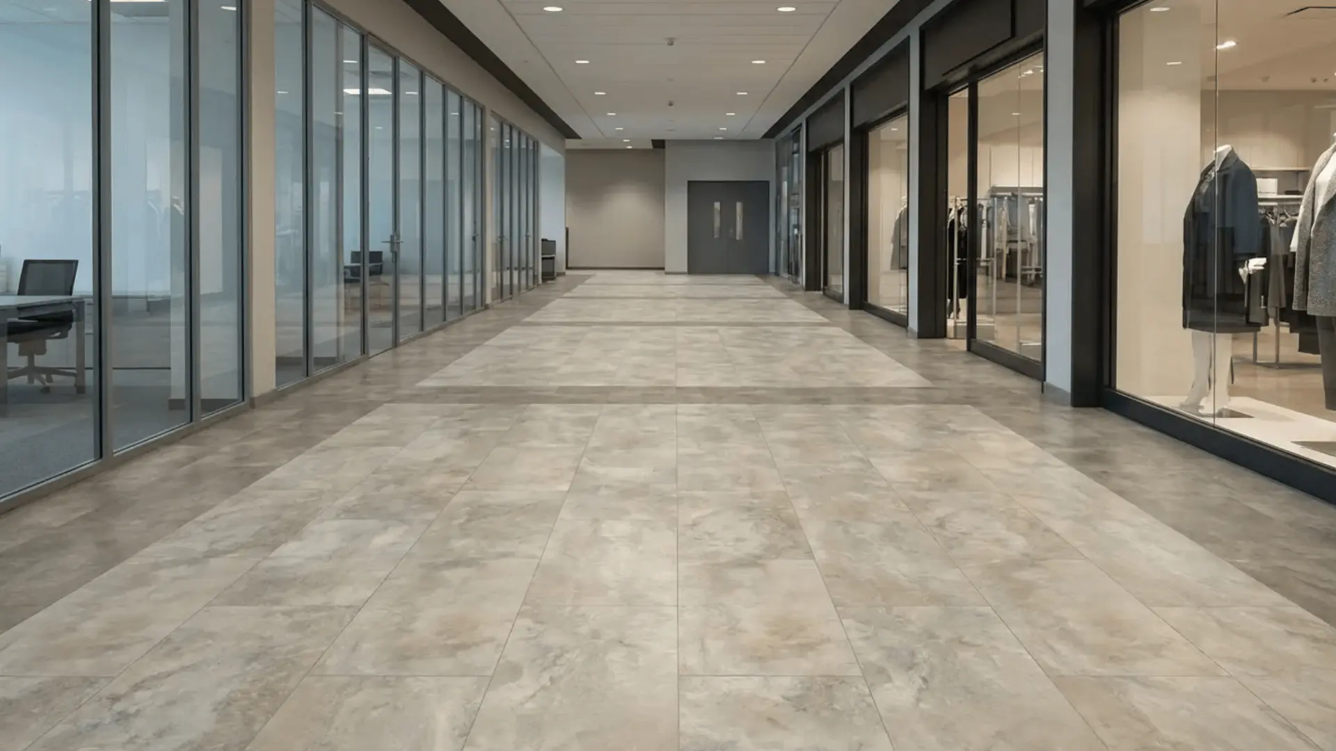Luxury vinyl tile flooring installed in a commercial hallway with large tiled floor surface.