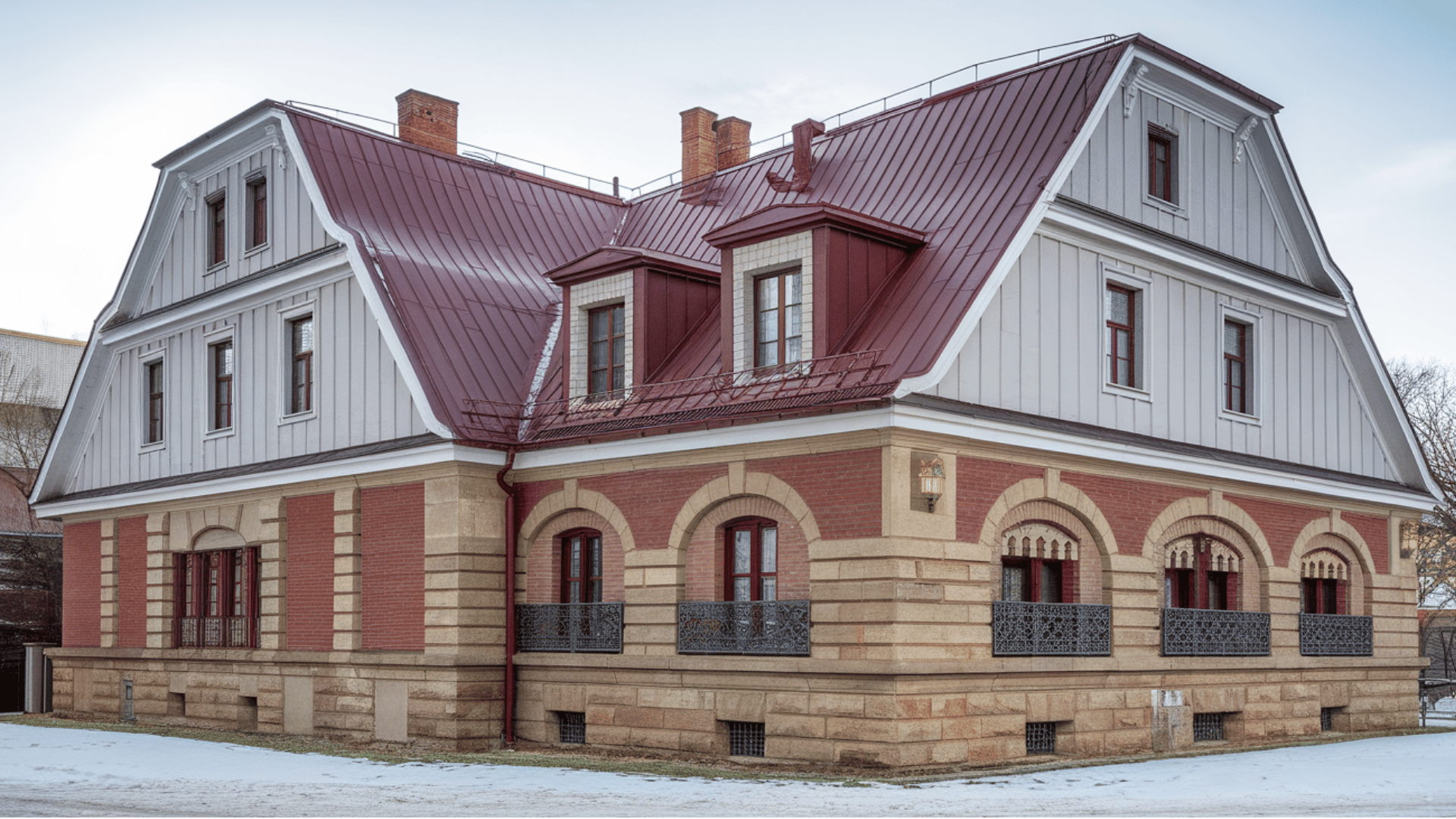 mansard roof with steep lower slopes and flat upper slopes